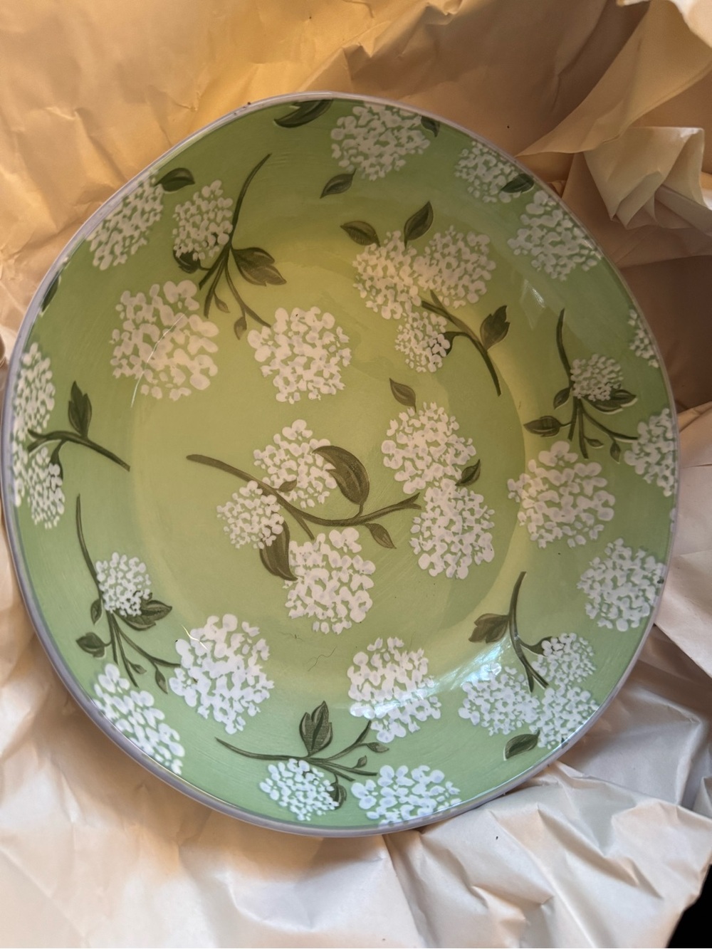 Green Floral Ceramic Pasta Bowl - Hydrangea Pattern Prima NEW grand Millennial